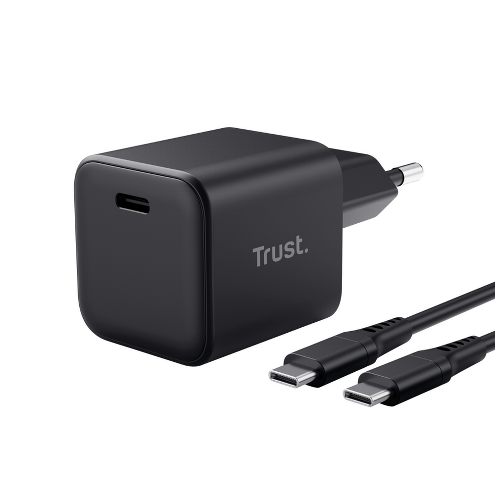 65W Trust Maxo Ultra-Small USB-C PPS PD hleðslutæki með USB-C kapli, svartur
