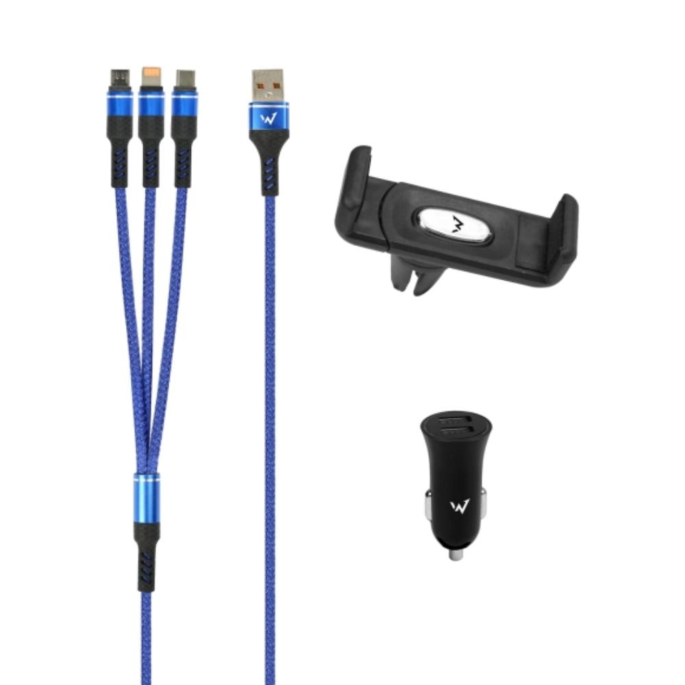 12W Energizer 2x USB-A hleðslutæki í bíl með klemmu og 3-in-1 hleðslukapal