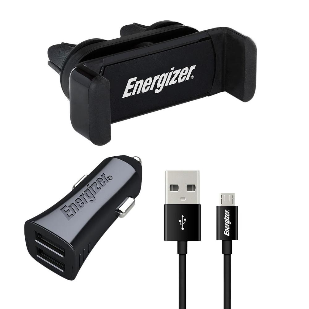 12W Energizer 2x USB-A hleðslutæki í bíl með festingu fyrir snjallsíma og Micro-B kapli, svart