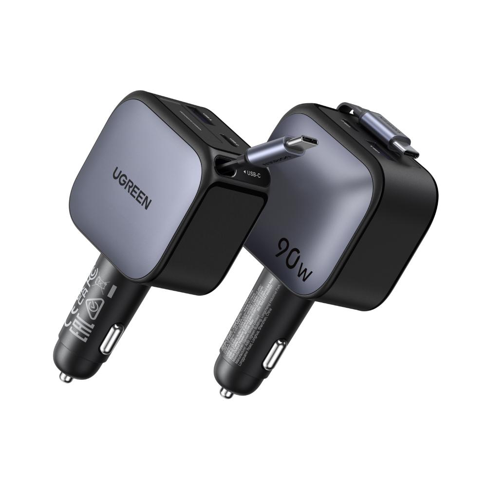 90W UGREEN 1x USB-C, 1x USB-A PD QC hleðslutæki í bíl með útdraganlegum USB-C kapli