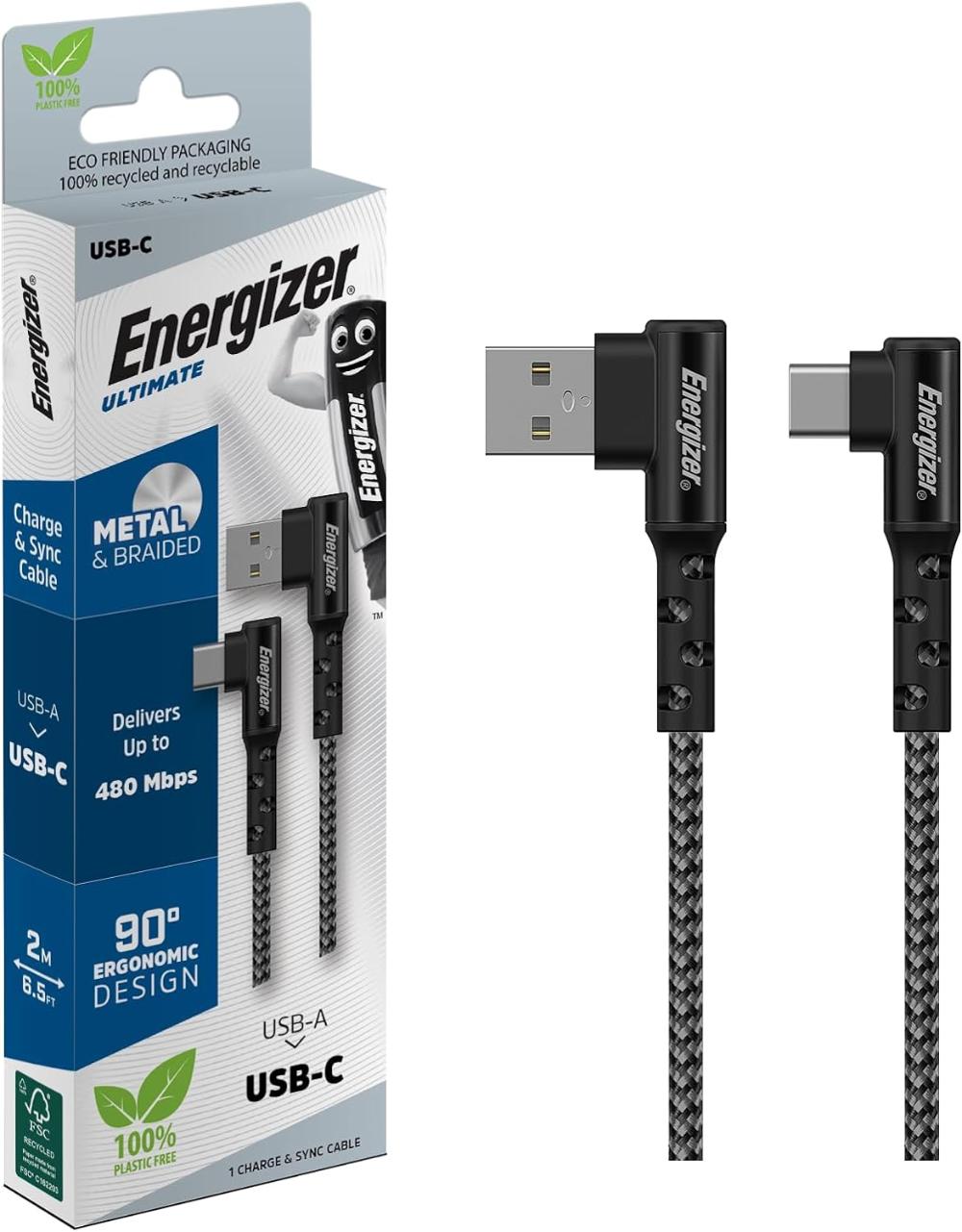 Energizer USB 2.0 A í C ofinn kapall með 90° hausum 2 metrar, grár